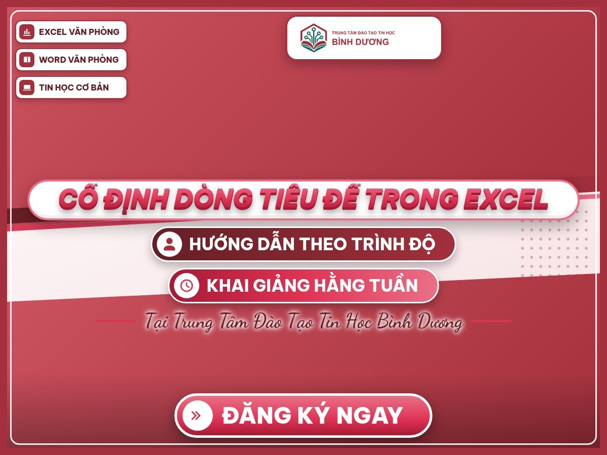 Poster “Cố định dòng tiêu đề trong Excel” trên nền thương hiệu, giới thiệu cách cố định dòng tiêu đề trong Excel.