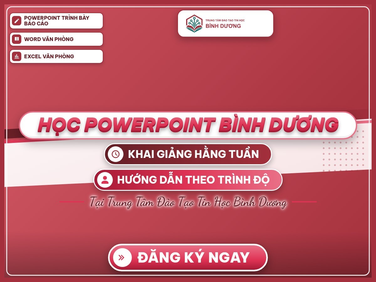 Poster “Học PowerPoint Bình Dương” trên nền thương hiệu, giới thiệu khóa học trình bày báo cáo.