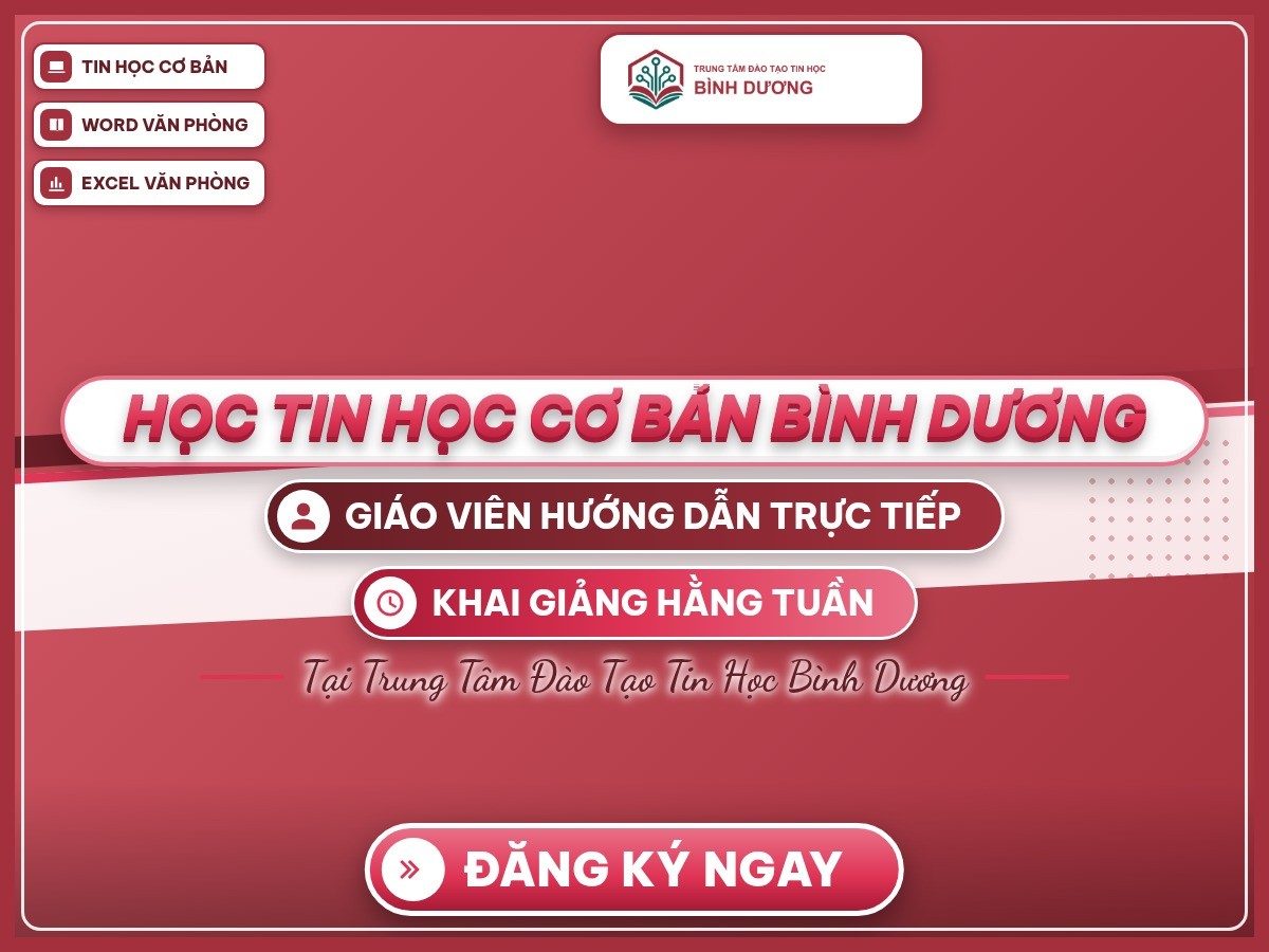 Poster khai giảng “Học tin học cơ bản Bình Dương” trên nền thương hiệu đỏ burgundy và hồng.