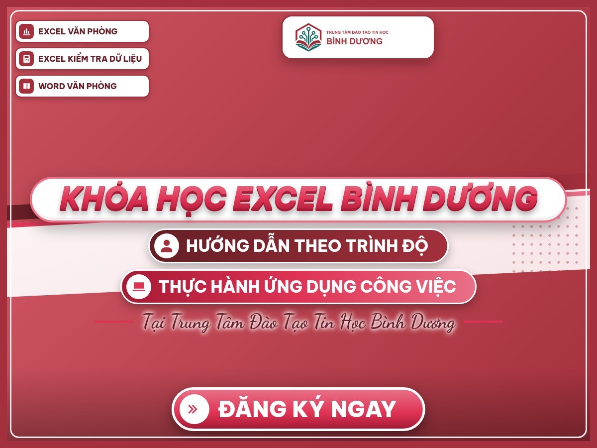 Poster khai giảng “Khóa học Excel Bình Dương” trên nền thương hiệu đỏ, giới thiệu khóa học và lợi ích thực hành.