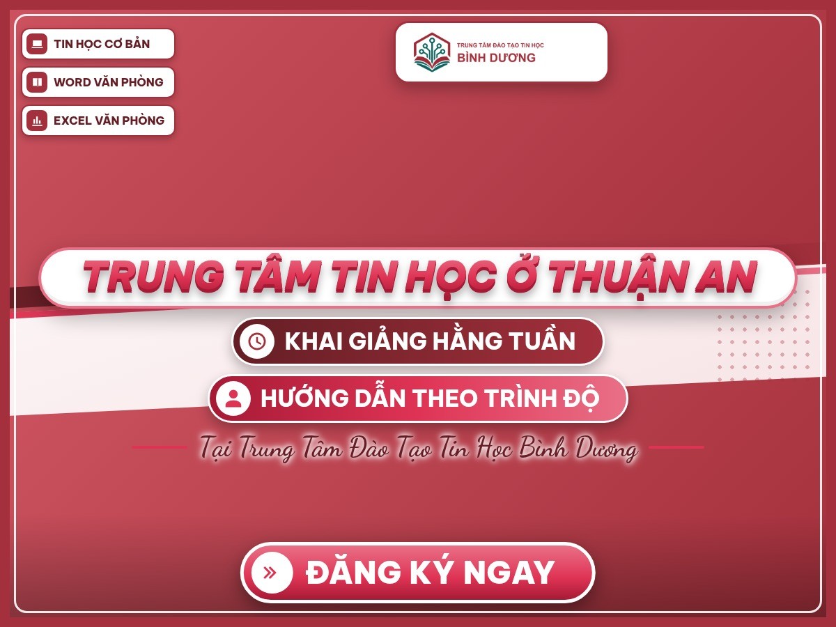 Poster “Trung tâm tin học ở Thuận An” trên nền thương hiệu, giới thiệu trung tâm tin học ở Thuận An Bình Dương.